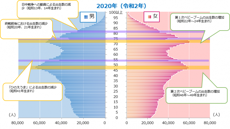 2020年（令和2年）の人口ピラミッド図です。
