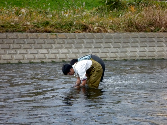 川に入っての採水の様子の写真