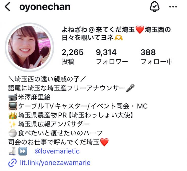 Instagramプロフィール よねざわさん