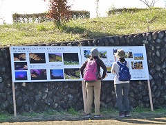 美の山公園イベント紹介パネルを見る女性二人の後ろ姿