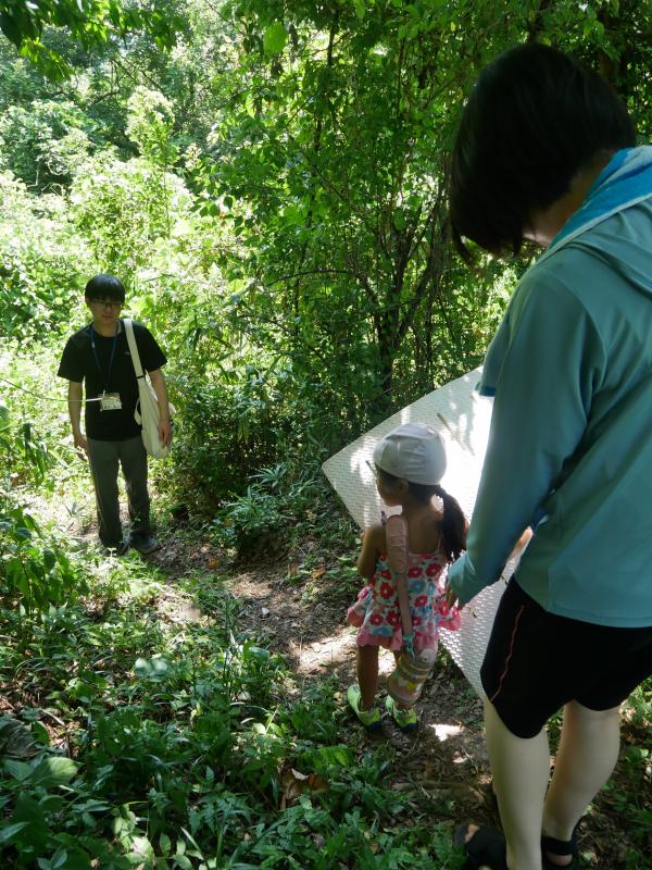 川遊びの道具を持って山を下る様子