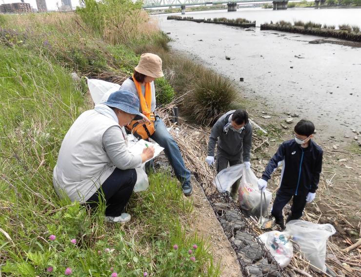 荒川河川敷でのごみ拾いの様子の写真