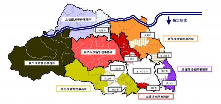 水質規制に係る環境管理事務所管轄を示した図