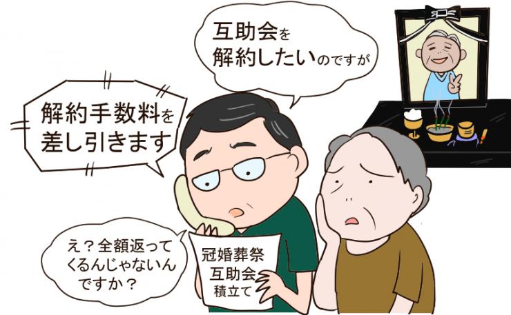 イラスト：冠婚葬祭互助会の解約で手数料がかかることに驚く男性