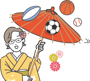 様々なスポーツで使われるボールを傘の上で回している女性のイラスト