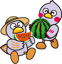 スイカを食べるコバトンとさいたまっちのイラスト