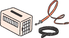 キャリーバッグ、首輪、リードのイラスト