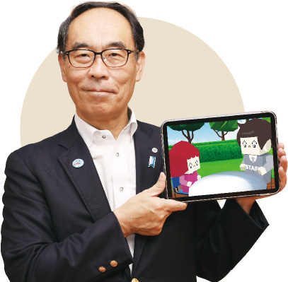 タブレットでバーチャルユースセンターにログインしている様子の大野元裕埼玉県知事