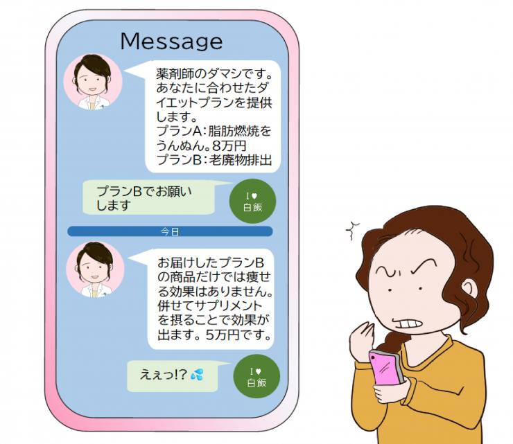 イラスト：LINEで怪しいダイエット商品購入を勧誘され戸惑う女性