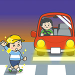 夕方に反射板を付けて横断歩道を渡っているイラスト