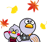 紅葉を楽しむさいたまっちとコバトンのイラスト