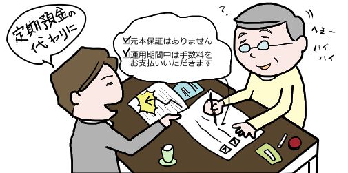 投資信託の販売会社から投資の勧誘を受け理解しないまま契約してしまう高齢者のイラスト