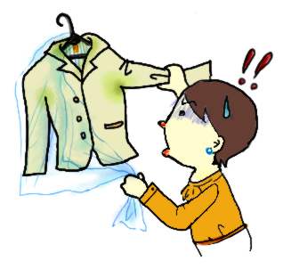 クリーニングから返ってきたジャケットの汗染みが広がっていて驚く女性のイラスト