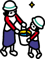 大人も子供も協力してバケツで水を運ぶイラスト